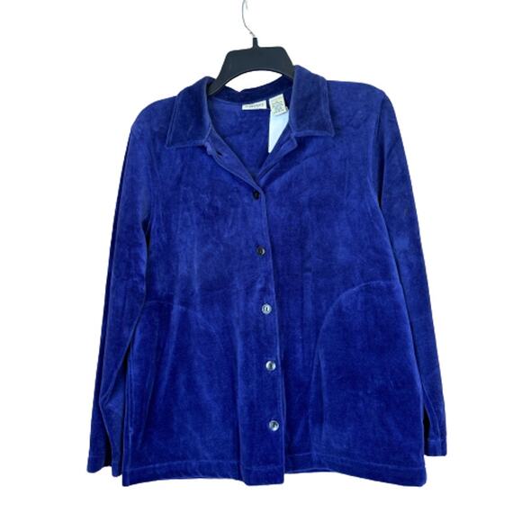 Classic‎ Elements Women Petite Velour Blue Button-Up Sweater Size Small - Picture 1 of 7